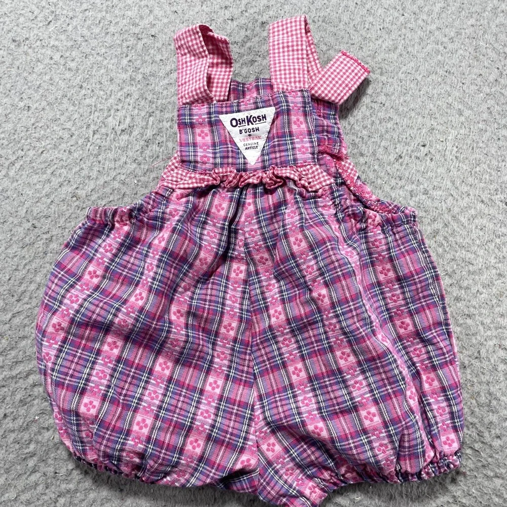 VTG OshKosh B'gosh Overalls Infant Girl 3-6M Pink Plaid Ruffle Bubble Romper USA